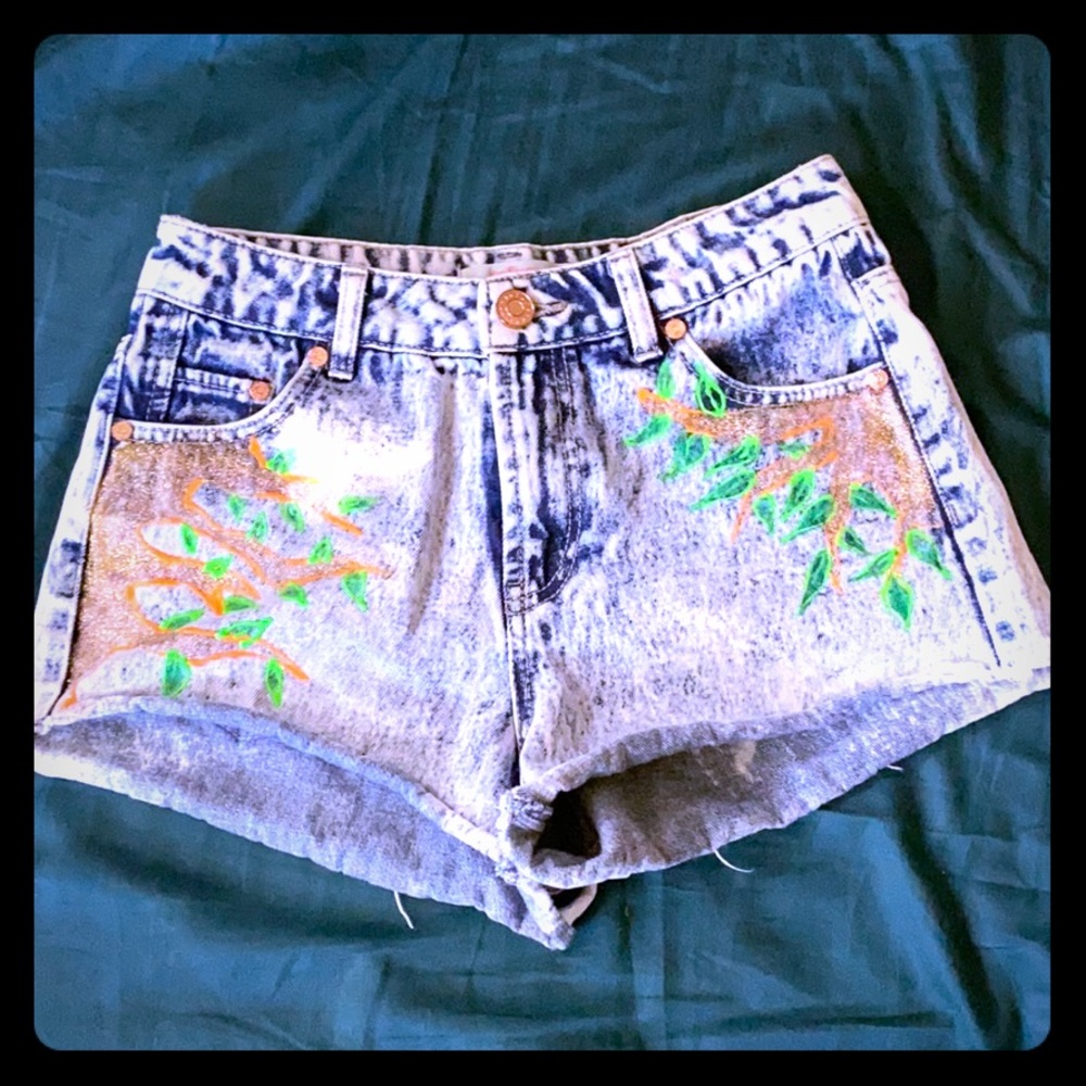 Acid wash shorts with painted tree branches